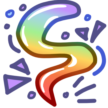 an abstract swirly rainbow shape surrounded by purple emphasis marks. The image is light with dark lineart